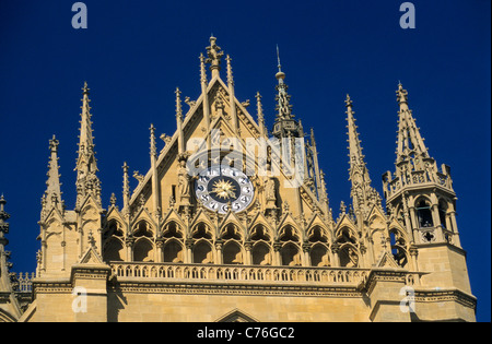 Western gable with ornaments, clock and pinnacles, Cathedral St Etienne, Metz, Moselle, Lorraine region, France Stock Photo