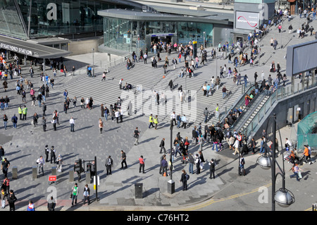 Aerial birds eye view people Stratford train station steps escalators to entrance at Westfield Shopping Centre Stratford Newham East London England UK Stock Photo