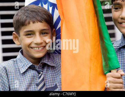 Portrait of a school boy with the Indian flag Stock Photo