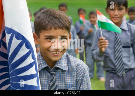 Portrait of a school boy with the Indian flag Stock Photo