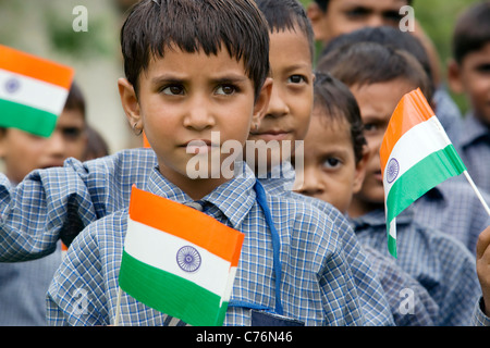 School girl holding the Indian flag Stock Photo