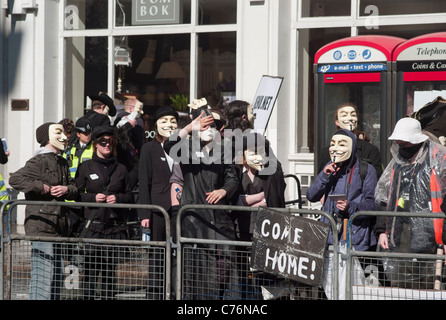 Anonymous protest against the Church of Scientology held on April 12, 2008 on Tottenham Court Road in London, UK. Stock Photo