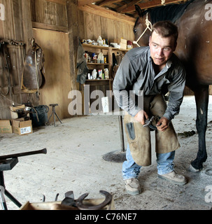 Ranch hand putting a new horseshoe on a horse, West Texas. Stock Photo