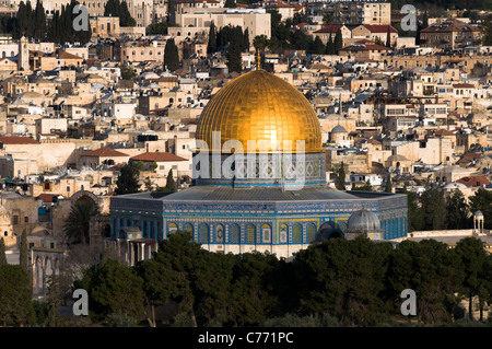 Early morning view of the Dome of the Rock and the old city of Jerusalem seen from the Mount of olives. Stock Photo