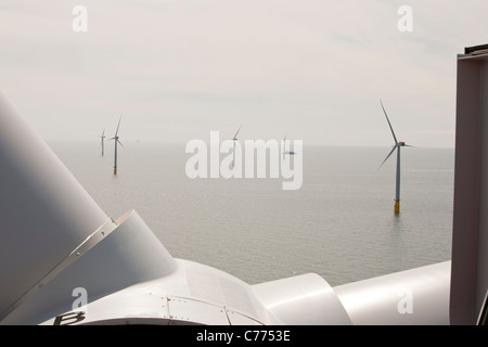 The Walney offshore wind farm taken from the top of one of the wind turbines, Cumbria, UK. Stock Photo