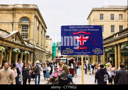 Advertising placard promoting a Fish & Chip restaurant in Bath UK Stock Photo