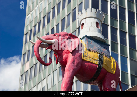 Statue of an Elephant with a Castle on it's back, in front of the Elephant and Castle Shopping Centre in SE London, England, UK. Stock Photo
