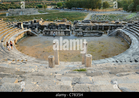 Ruins of Miletus, Greco-Roman amphitheater at dusk, Aydin Province, western southwest Turkey, Europe, Middle East, Asia Stock Photo