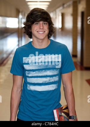 USA, Utah, Spanish Fork, Portrait of school boy standing in corridor Stock Photo