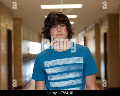 USA, Utah, Spanish Fork, Portrait of school boy standing in corridor Stock Photo