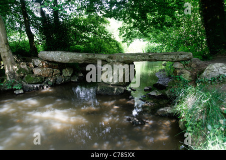 Megalithic bridge, river la Varenne, Le Chatellier (Orne, Normandy, France). Stock Photo