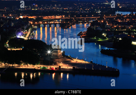 Nachtaufnahme, Stadtpanorama und Deutsches Eck, Moselmuendung in den Rhein, Denkmal fuer Kaiser Wilhelm I von Bruno Schmitz und Emil Hundrieser, Koble Stock Photo