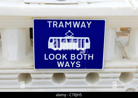 Tramway - Look Both Ways sign in Blackpool Stock Photo