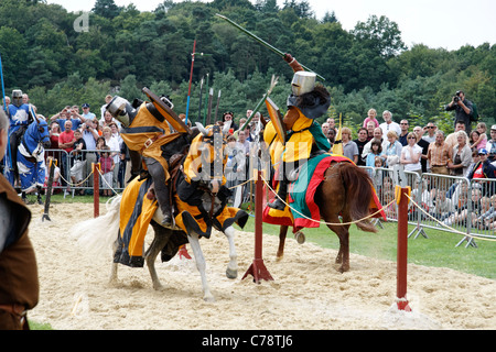 Knights, tournament chivalry. Medieval Festival in Domfront (Orne, Normandy, France). Company 'Il était une fois'. Stock Photo