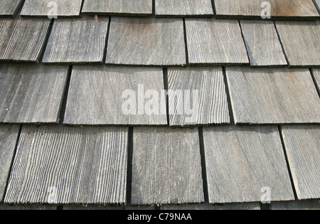 old gray wooden roof shingles on an old barn Stock Photo