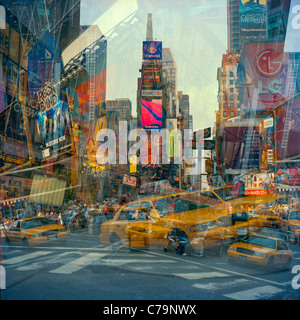 USA, New York State, New York City, Manhattan, Times Square, traffic and buildings reflecting in glass Stock Photo