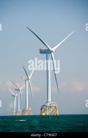 The Ormonde Offshore Wind Farm is currently being built in the Irish Sea, 10km off Barrow-In-Furness. Stock Photo