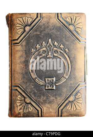 worn antique leather embossed book isolated on white Stock Photo