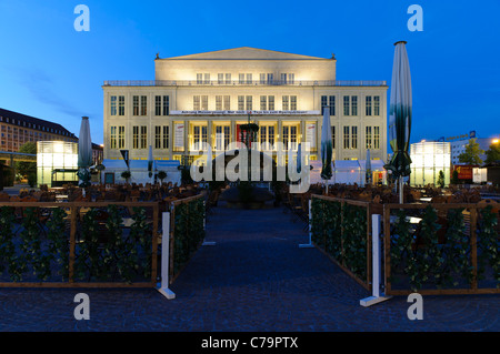 Opera house in the evening, Augustusplatz square, Leipzig, Saxony, Germany, Europe Stock Photo