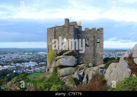 Carn Brea castle overlooks the town of Redruth in Cornwall, UK Stock Photo
