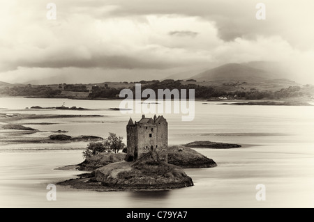 Brooding Storm Clouds Over Castle Stalker on Loch Linnhe - Near Appin, Scotland Stock Photo