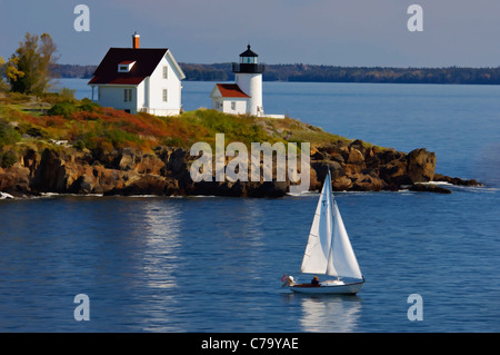 Painting Effect of Sailboat Passing Curtis Island Lighthouse - Near Camden, Maine Stock Photo