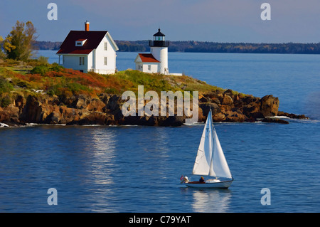 Painting Effect of Sailboat Passing Curtis Island Lighthouse - Near Camden, Maine Stock Photo