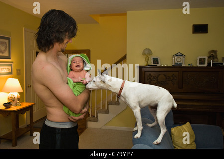 Father Holding Two Month Old Baby Boy After the Babies Bath Stock Photo