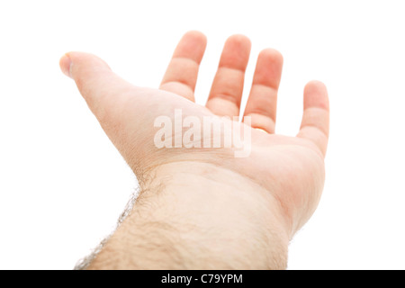 An empty hand being held out over a blank white background. Stock Photo