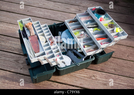 Fishing tackle lures and tackle box Stock Photo - Alamy