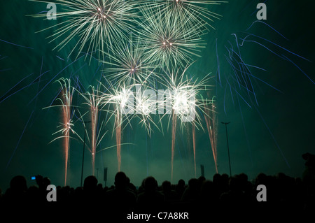 Fireworks synchronized to music, preliminary decision to the fireworks world championship Pyronale, Erfurt, Germany Stock Photo
