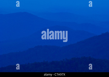 Twilight View of Mountain Ridges from the Cherohala Skyway in the Cherokee National Forest in Monroe County, Tennessee Stock Photo