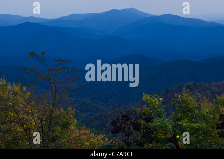 Twilight View of Mountain Ridges from the Cherohala Skyway in the Cherokee National Forest in Monroe County, Tennessee Stock Photo