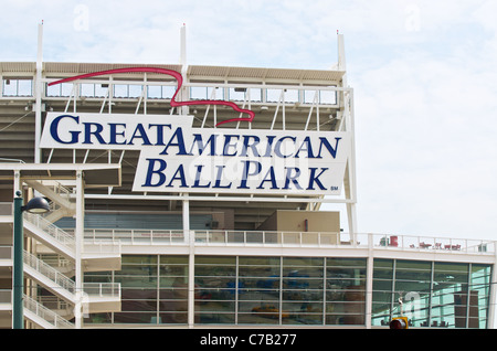 Sign on the Great American Ball Park on the banks of the River Ohio in Cincinnati, Ohio, USA Stock Photo