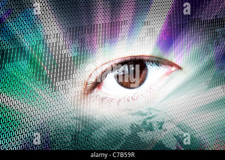 Abstract digital montage of an eye and binary code. Stock Photo