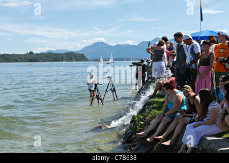 Water washing up onto Prien Stock Peninsular from a wave, Chiemsee Chiemgau Upper Bavaria Germany Stock Photo