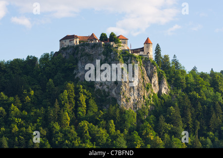 Castle above glacial Lake Bled, in Slovenia, early in the morning Stock Photo