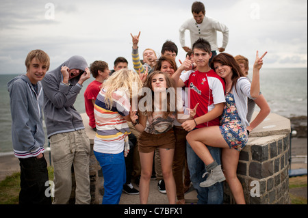 A group of teenagers at Roc y Castell / Castle Rock free music festival Aberystwyth Wales UK Stock Photo