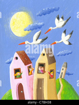 Acrylic illustration of happy people in the village waving storks Stock Photo