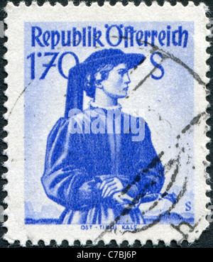 AUSTRIA - 1950: A stamp printed in Austria, shows a woman in national dress, East Tyrol, Kals Stock Photo