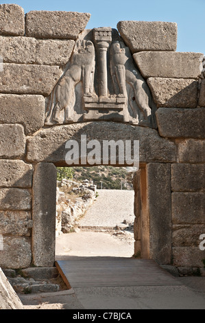 The Lion gate and main entrance to the citadel of Mycenae, Argolid, Peloponnese, Greece Stock Photo