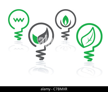 set of environment green icons with light bulbs and leaves Stock Photo