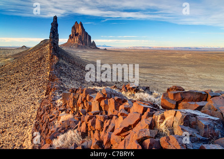 Shiprock Rock and black dike ridge, New Mexico, USA Stock Photo