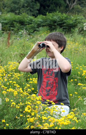 Boy bird watching in a meadow; Cornwall; UK Stock Photo