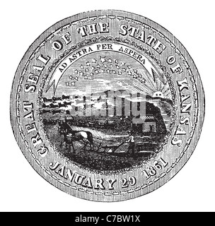 The Great Seal of the State of Kansas vintage engraving old engraved illustration of the state seal of kansas. Stock Photo