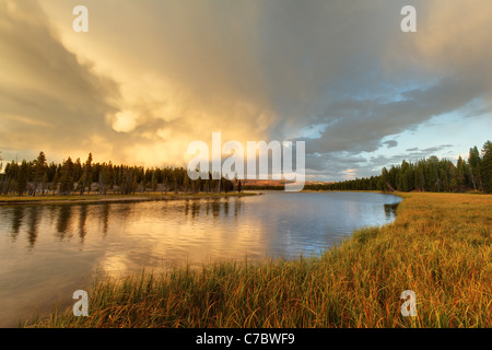 Storm clouds building over Yellowstone River and grassy meadows near sunset, Yellowstone National Park, Wyoming, USA Stock Photo