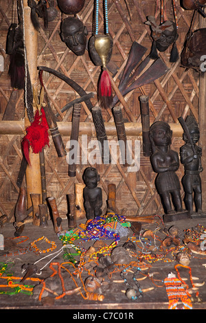 India, Nagaland, Longwa, display of Konyak Naga villager’s handicrafts on sale in Angh’s house Stock Photo
