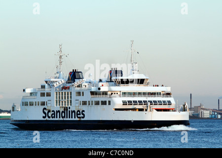 The Scandlines car ferry TYCHO BRAHE  arriving to the harbour of Elsinore, Denmark, from Helsingborg, Sweden Stock Photo