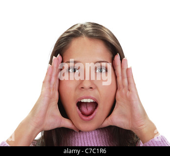 Young woman frame her face with palms Stock Photo