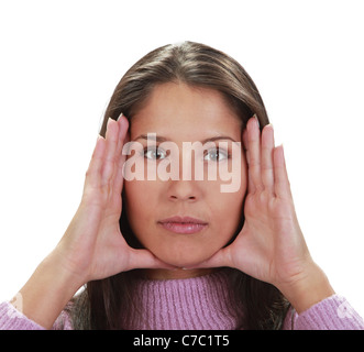 Young woman frame her face with palms Stock Photo